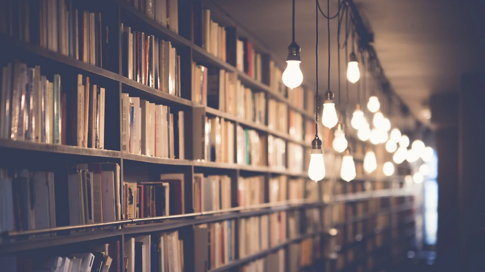 Estantería de una biblioteca llena de libros con luces colgantes